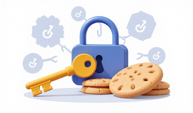 Ilustracja przedstawiająca mechanizm działania niezbędnych plików cookie, z ikonami klucza i zamka, symbolizującymi bezpieczeństwo i dostępność.