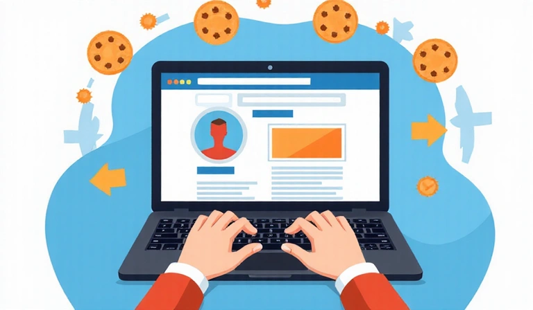 Osoba przeglądająca stronę internetową na laptopie z ikonami ciasteczek i strzałek, symbolizujących usprawnienie doświadczenia użytkownika.