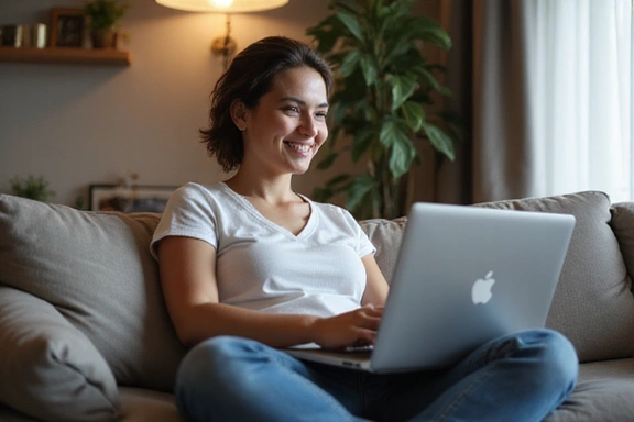 Osoba korzystająca z laptopa w wygodnym, domowym otoczeniu, symbolizująca wygodę konsultacji online.