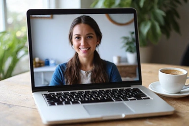 Laptop wyświetlający wideokonferencję z dietetykiem, symbolizujący konsultacje online, z filiżanką kawy obok.